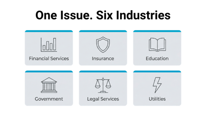 Grid of six industry icons labeled Financial Services, Insurance, Education, Government, Legal Services, and Utilities